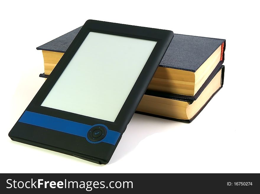 Two books and bookreader on a white background. Two books and bookreader on a white background