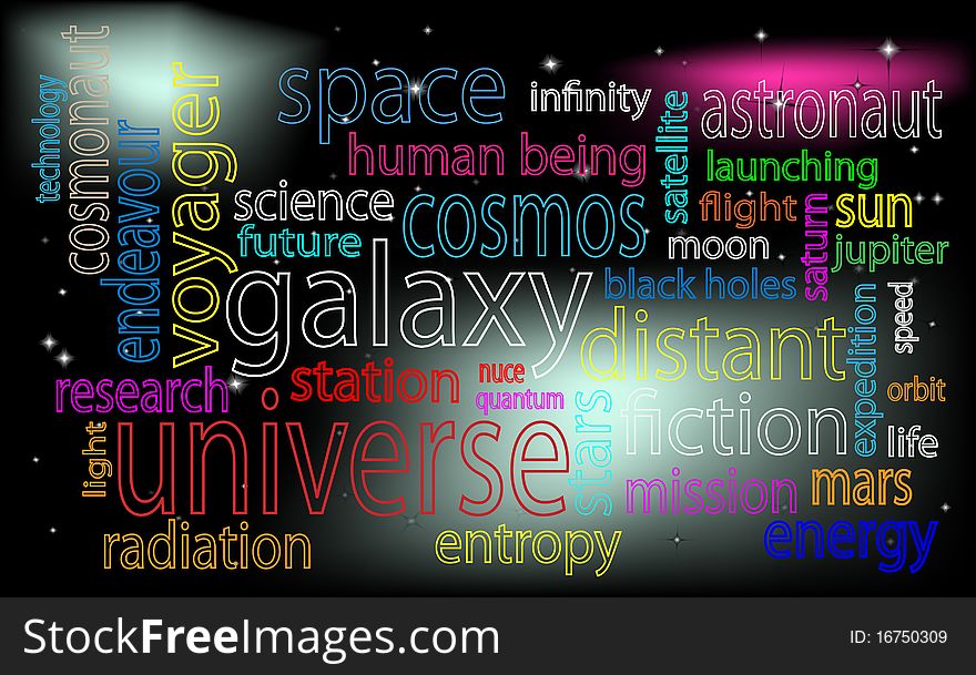 Universe and space tag cloud with a cosmos background
