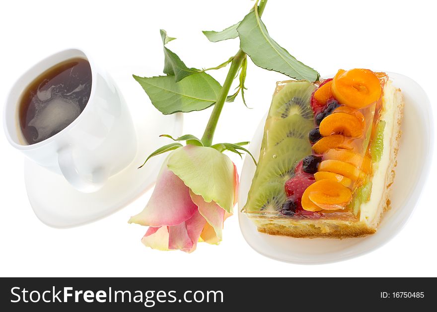 Close-up curd cake with fruits and rose, isolated on white