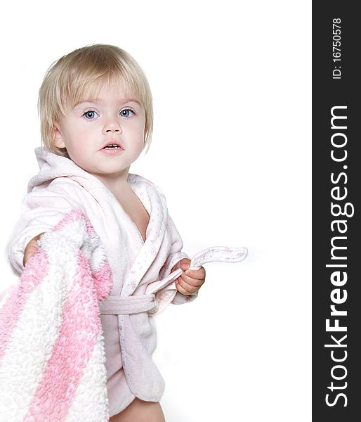 Cute child afther bath over white