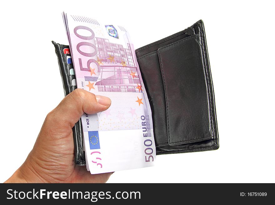 Hand holding a wallet with euro banknotes