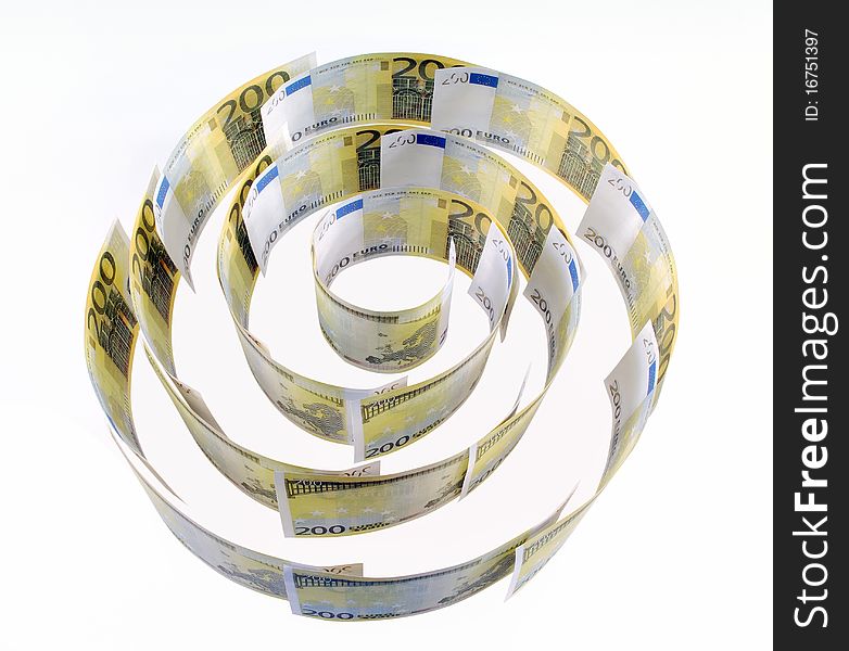 Spiral of 200 euro banknotes on the white