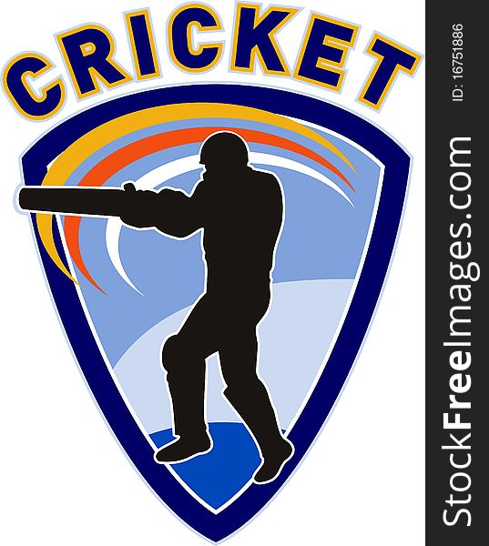 Illustration of a cricket sports player batsman silhouette batting set inside shield with words cricket