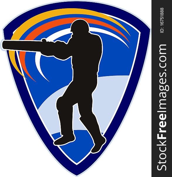 Illustration of a cricket sports player batsman silhouette batting set inside shield
