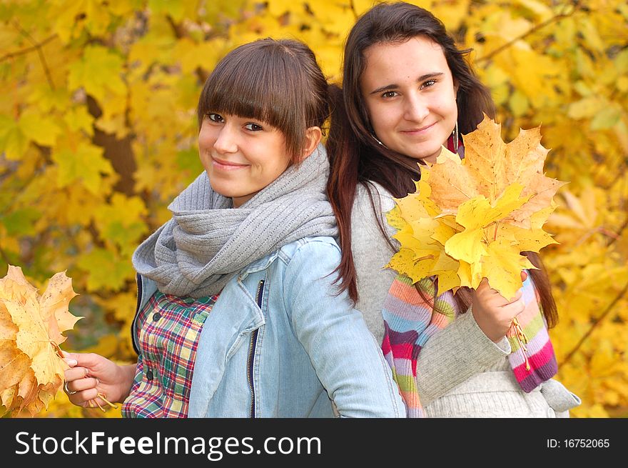 Two sisters in autumn scenery. Two sisters in autumn scenery