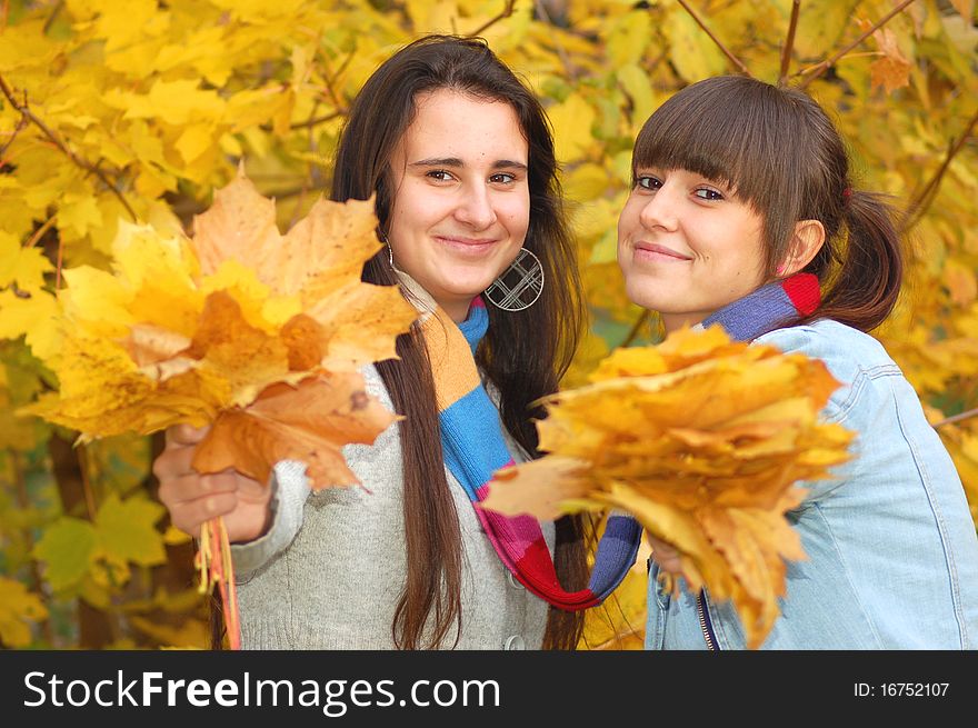 Two sisters in autumn scenery. Two sisters in autumn scenery