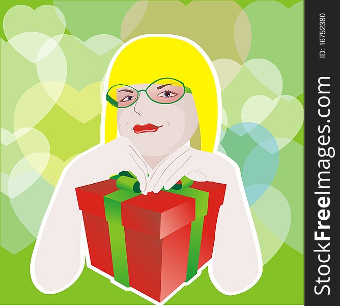 Illustration girl with glasses and with gift boxt on a green background