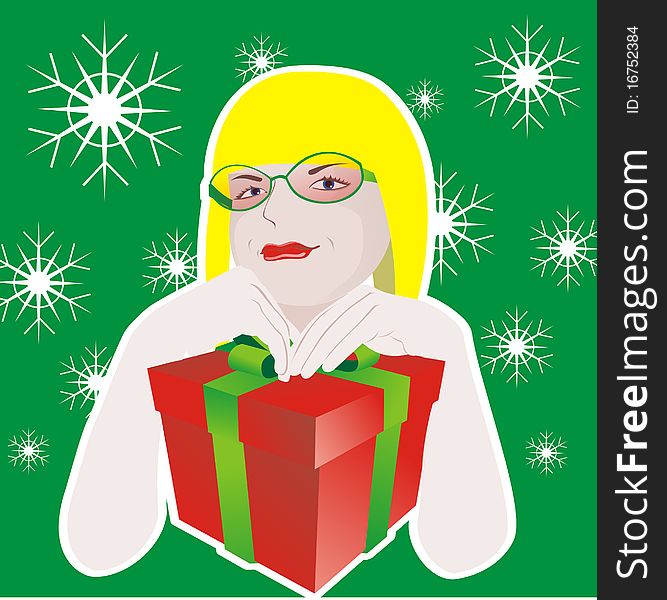 Illustration girl with glasses and with gift boxt on a on a green background with snowflakes