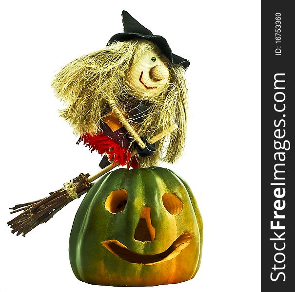 Pumpkin and funny halloween flying on broomstick