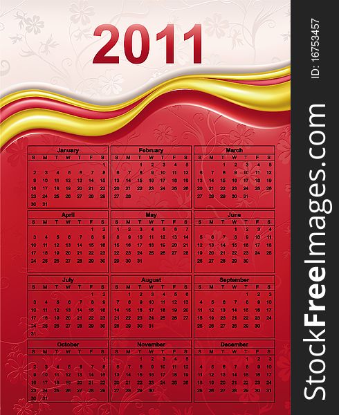 Colorful Calendar for Year 2011, week starts on Sunday.