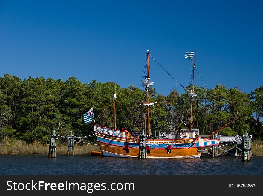 Recreation of Elizabeth II Sailing Ship Docked. Recreation of Elizabeth II Sailing Ship Docked