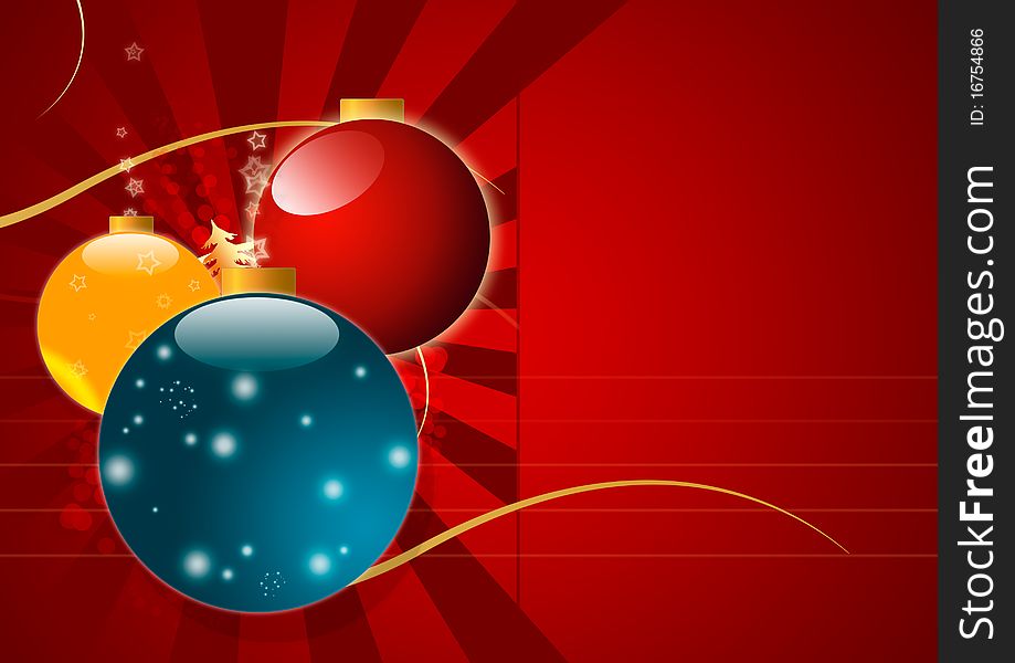 A red Christmas background with glowing balls and copy space