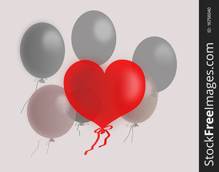 Red balloon in the shape of a heart on a background of gray balloons. Red balloon in the shape of a heart on a background of gray balloons