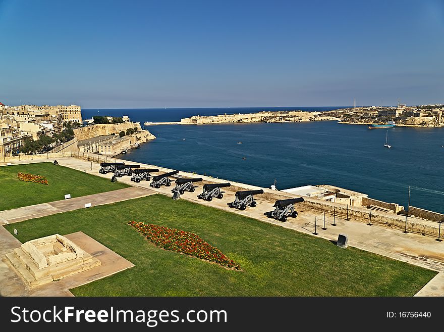 View on Grand harbour from Saluting Battery. Valetta. Malta