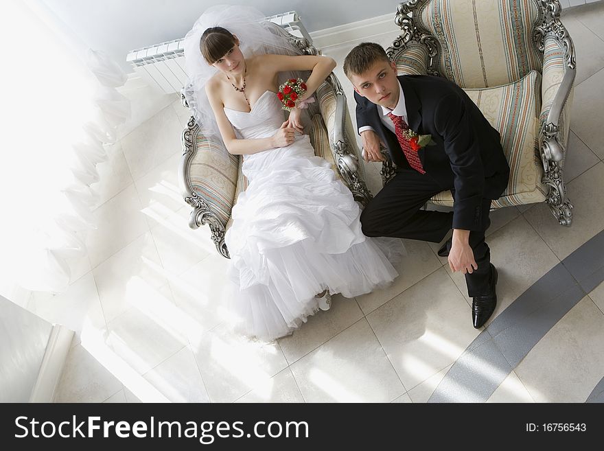 Bride and groom in luxury interior. Bride and groom in luxury interior