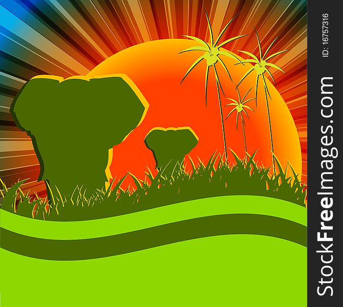 Illustration, elephants in savannah on background of the sundown. Illustration, elephants in savannah on background of the sundown