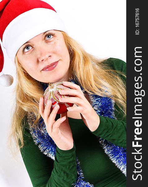 Christmas ball end beautiful Girl on white background