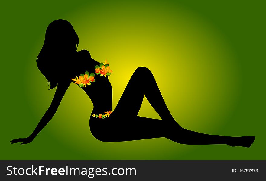 Silhouette of girl in autumnal leaves.