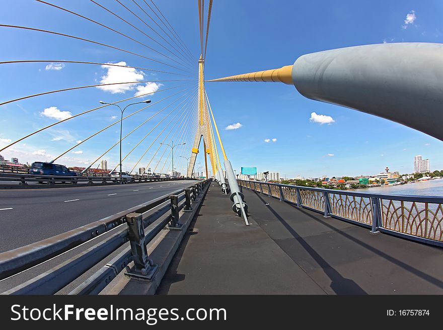 Mega sling Bridge,Rama 8, near Harbor in Bangkok, fish eye perspective. Mega sling Bridge,Rama 8, near Harbor in Bangkok, fish eye perspective