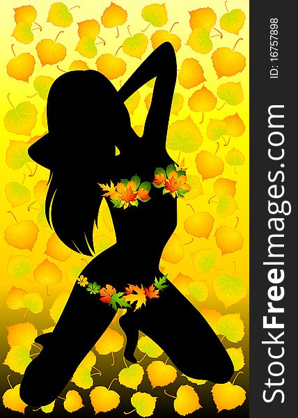 Silhouette of girl in autumnal leaves.illustration for a design