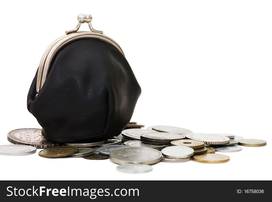 Old coins and purse isolated on white