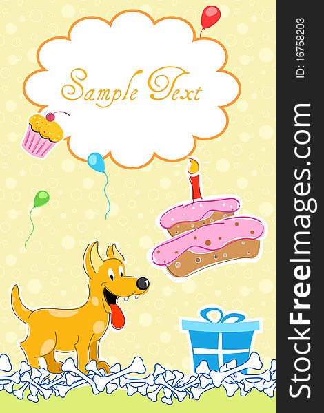 Illustration of birthday card with puppy,cake and gift. Illustration of birthday card with puppy,cake and gift