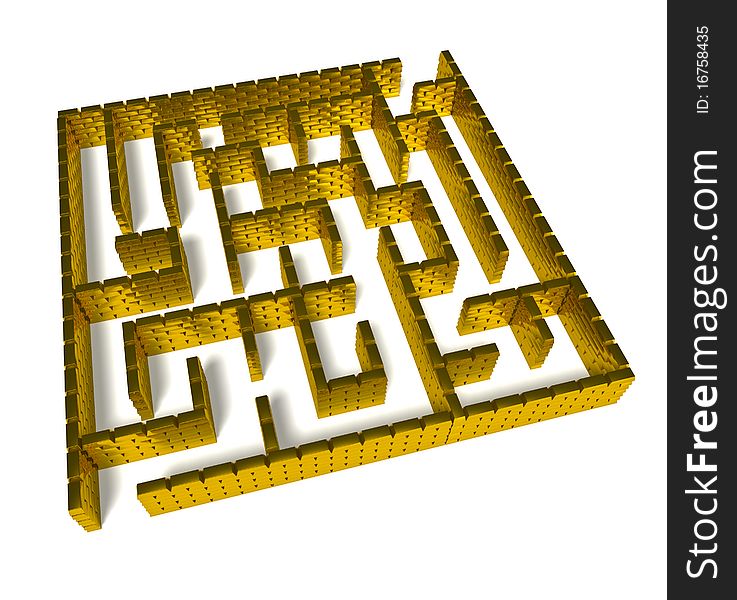 Maze from gold ingot on white background. Maze from gold ingot on white background