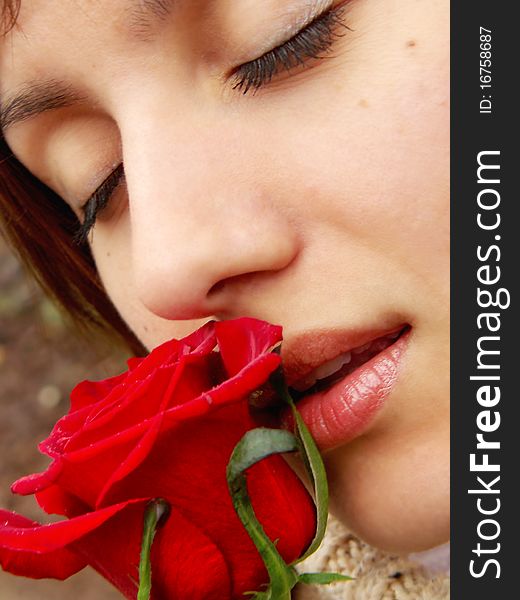 Red rose and girl. Romantic design.