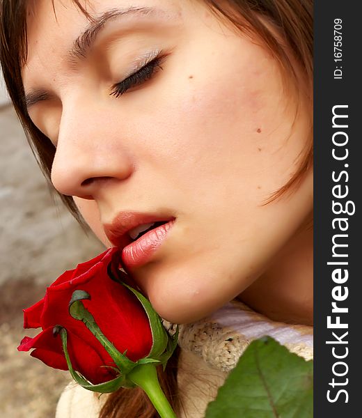 Red rose and girl. Romantic design.