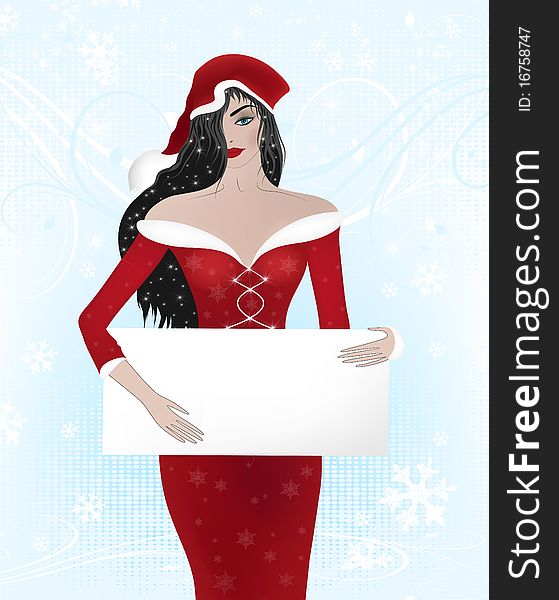 Santa woman with a white sheet of advertising. Santa woman with a white sheet of advertising