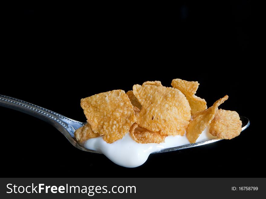 A spoonful of flaked corn cereal with milk. A spoonful of flaked corn cereal with milk