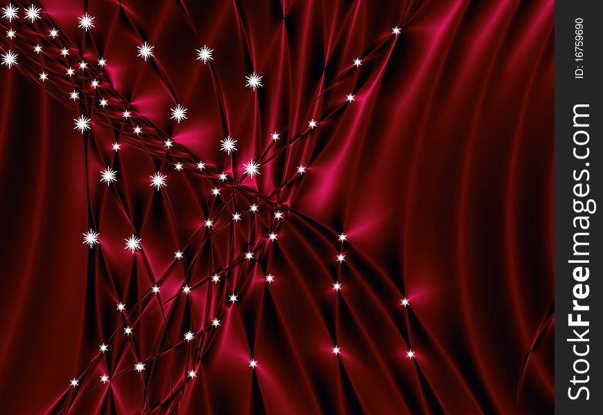 Red silky christmas background with lines, curves and stars