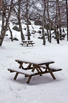 Snow On Wooden Benches At The Park Stock Photography Snow On Wooden Benches At The Park Stock Photography