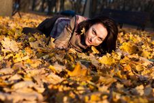 Beautiful Young Woman Lying In Autumn Leaves Stock Photography