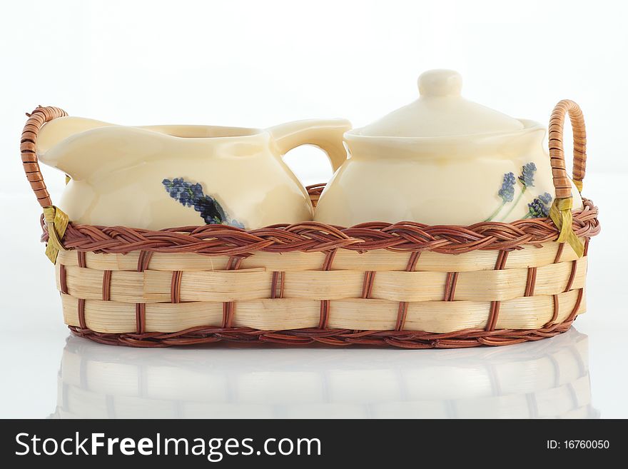 Ceramic ware in a wattled basket