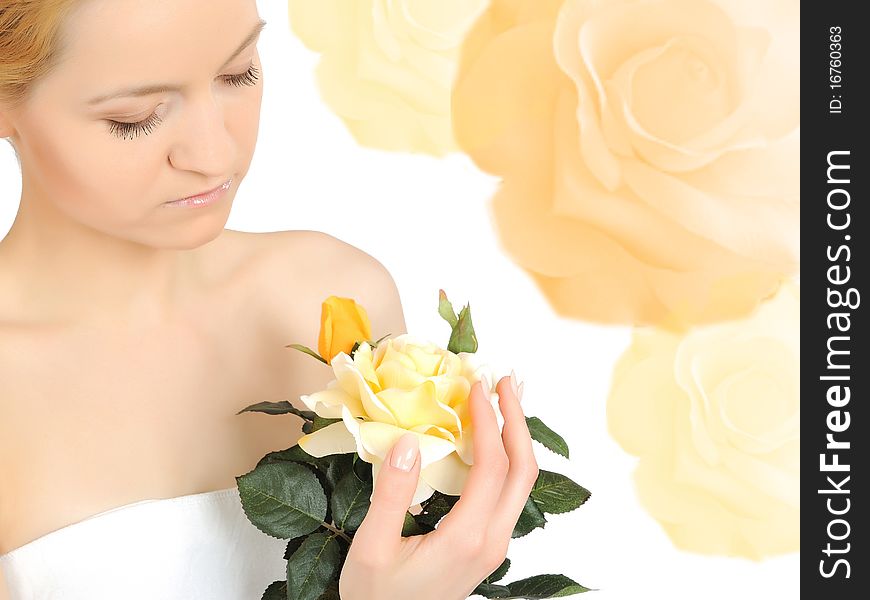 Beautiful woman holding yellow rose plant