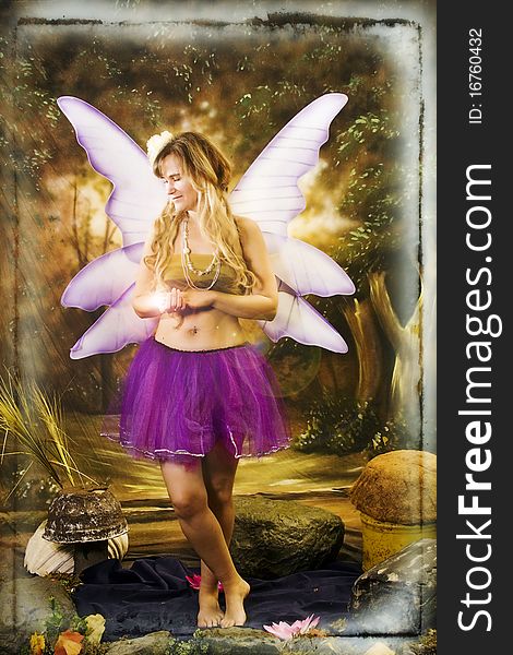 Woman dressed up as fairy with magical scene. Woman dressed up as fairy with magical scene.