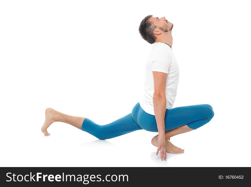 Young man practising yoga postures combination suri namaskar. isolated on white background