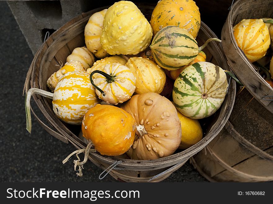 An old basket at a farm stand, packed with gourds, and pumpkins. An old basket at a farm stand, packed with gourds, and pumpkins