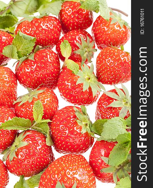 Strawberry with green leaf on white background