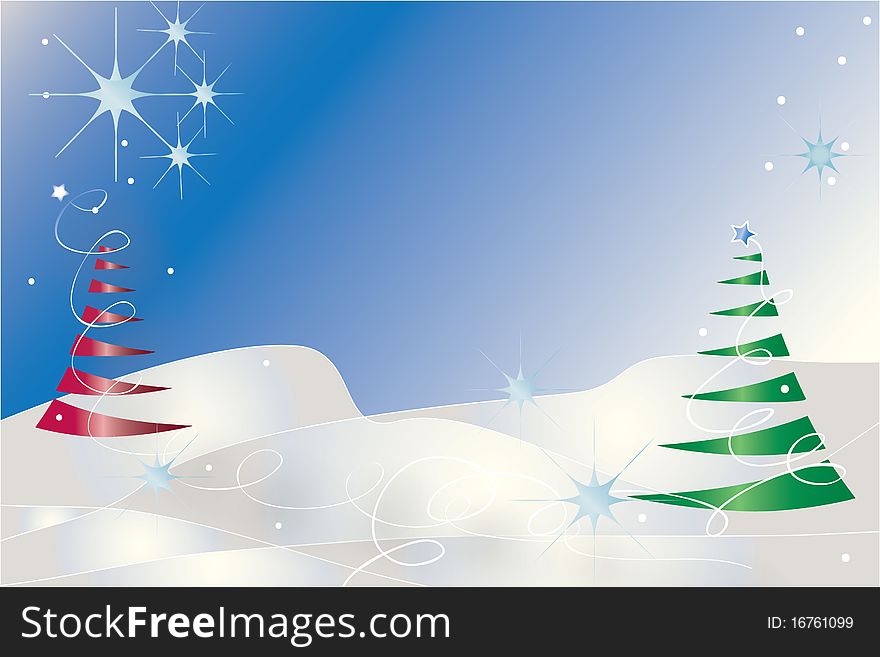 Two Christmas trees on a background of snow with blue sky and snowflakes. Two Christmas trees on a background of snow with blue sky and snowflakes