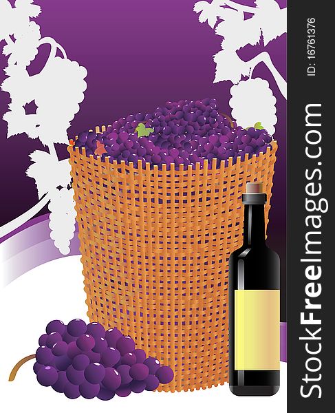 Abstract background with vines, bottle and grapes in detailed basket. Abstract background with vines, bottle and grapes in detailed basket.