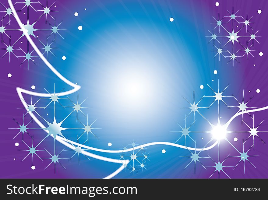 Holiday season illustration with a Christmas tree, snowflakes, and snow on a blue and purple background. Holiday season illustration with a Christmas tree, snowflakes, and snow on a blue and purple background