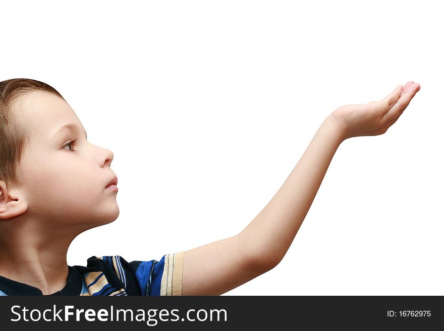 Boy showing product on a white background
