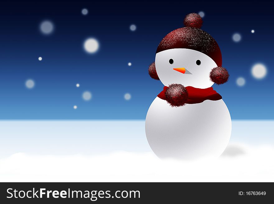 Simple cute snowman with a red cap in an winter night atmosphere