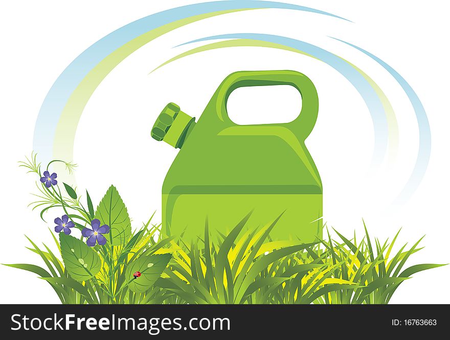 Petrol canister among grass and flowers. Illustration