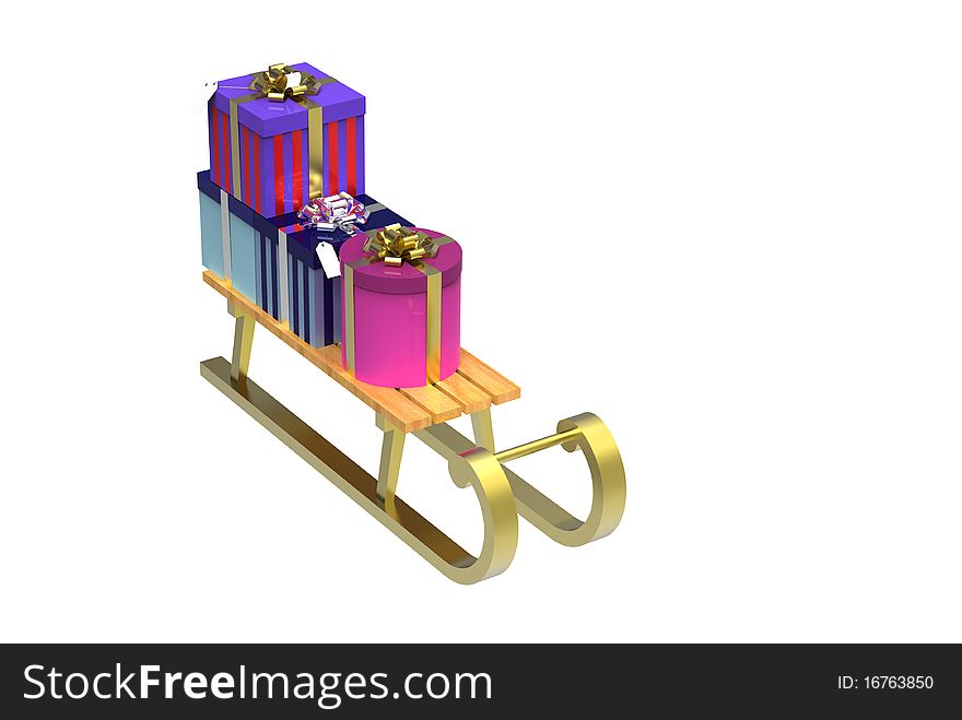 Sleigh with colorful gifts isolated on white. Sleigh with colorful gifts isolated on white