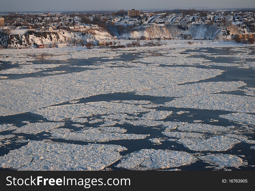 Frozen Saint Lawrence river in Quebec City, Canada. Frozen Saint Lawrence river in Quebec City, Canada