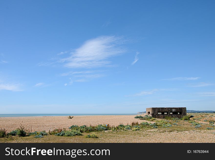 Concrete bunker on beach, Rye harbour Nature Reserve, Sussex
