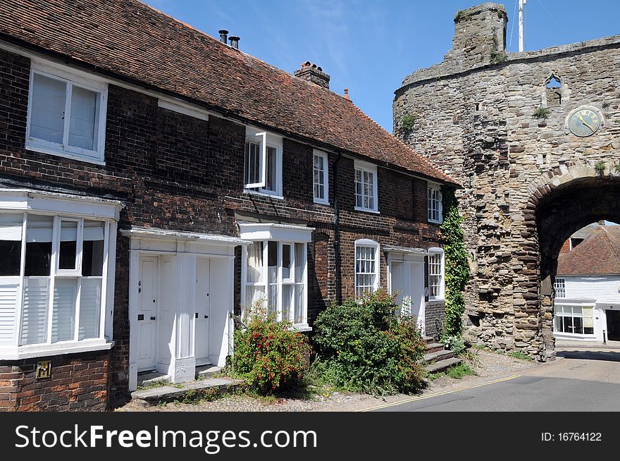 Town wall and historic cottages in the resort of Rye. Town wall and historic cottages in the resort of Rye
